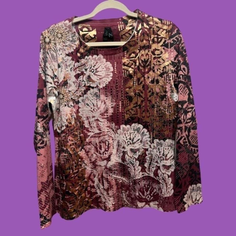 Seven 7 Women's Long Sleeve Metallic Bronze Foil Top Size Large